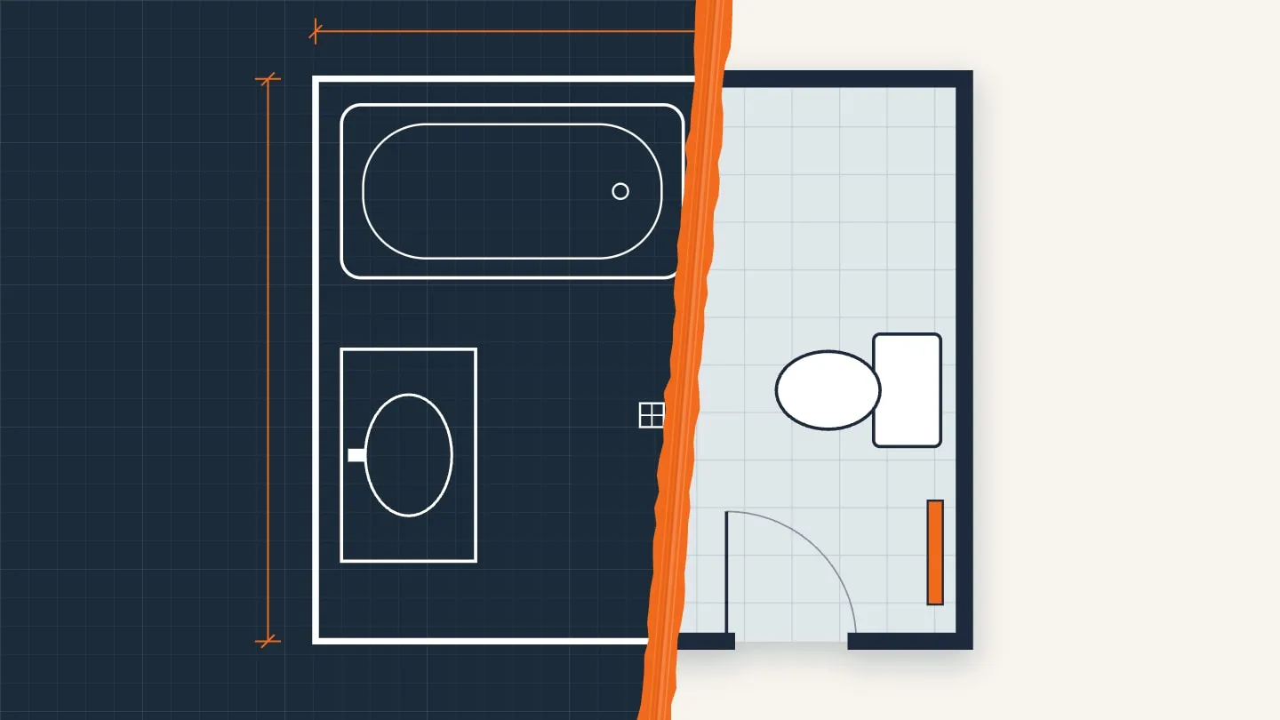 Banyo planı: sol yarısı beyaz çizgili proje, sağ yarısı seramik, küvet ve lavabosuyla tamamlanmış banyo