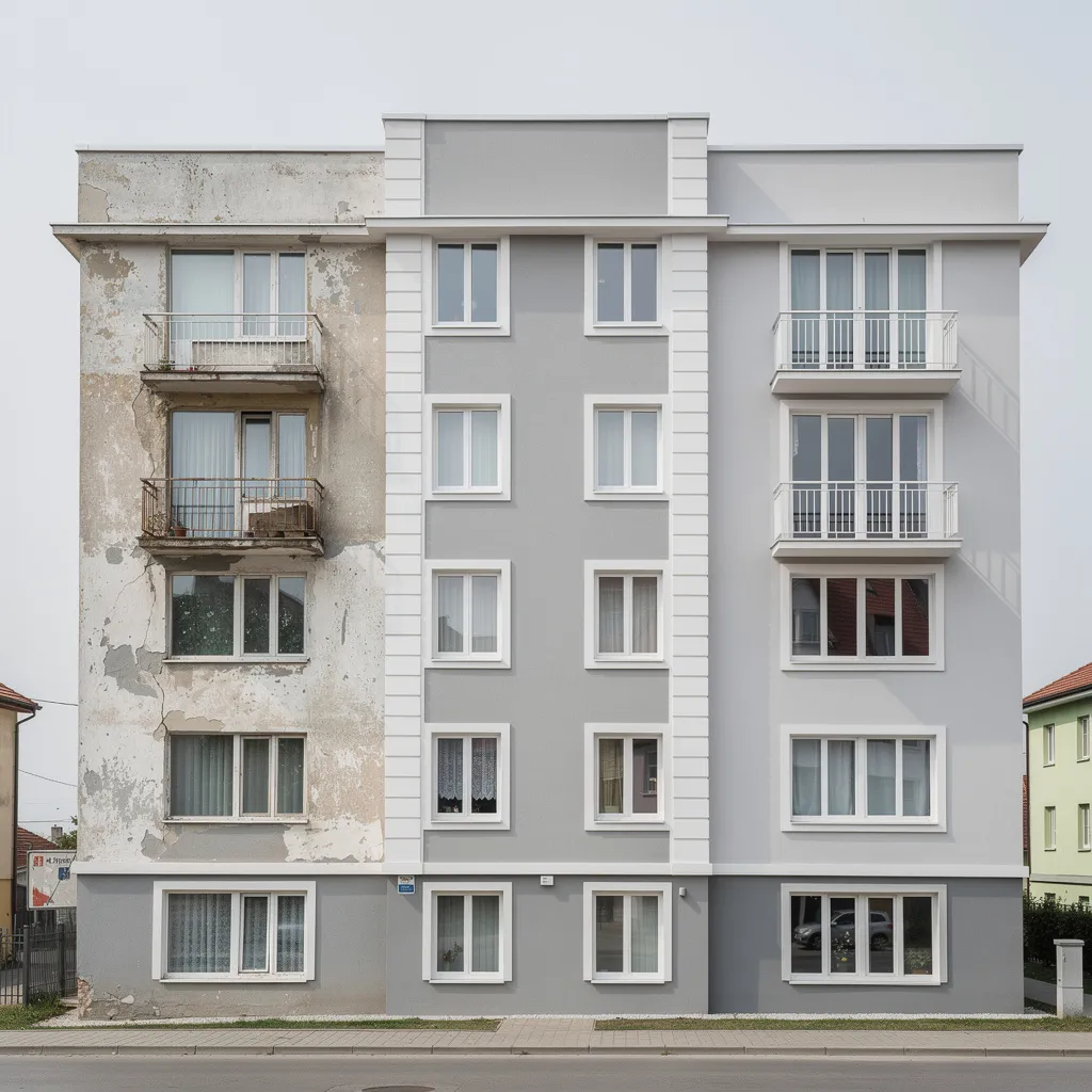 Apartman dış cephesinin eski halden yenilenmiş gri cepheye dönüşümü (temsili görsel)