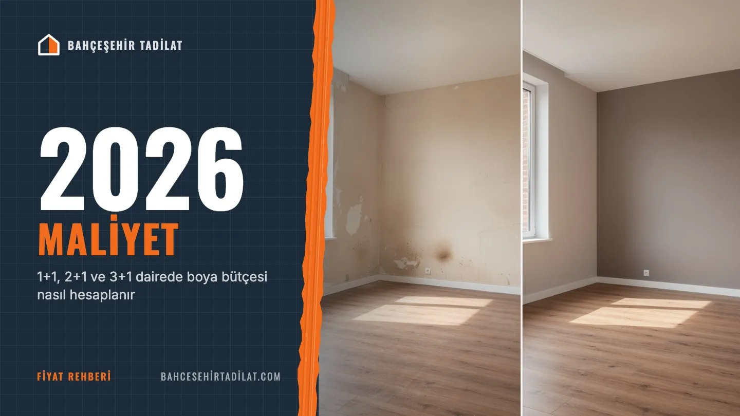 Önce ve sonra salon görünümü: duvarın sol yarısı yıpranmış eski boyalı, sağ yarısı yeni boyanmış ve temiz