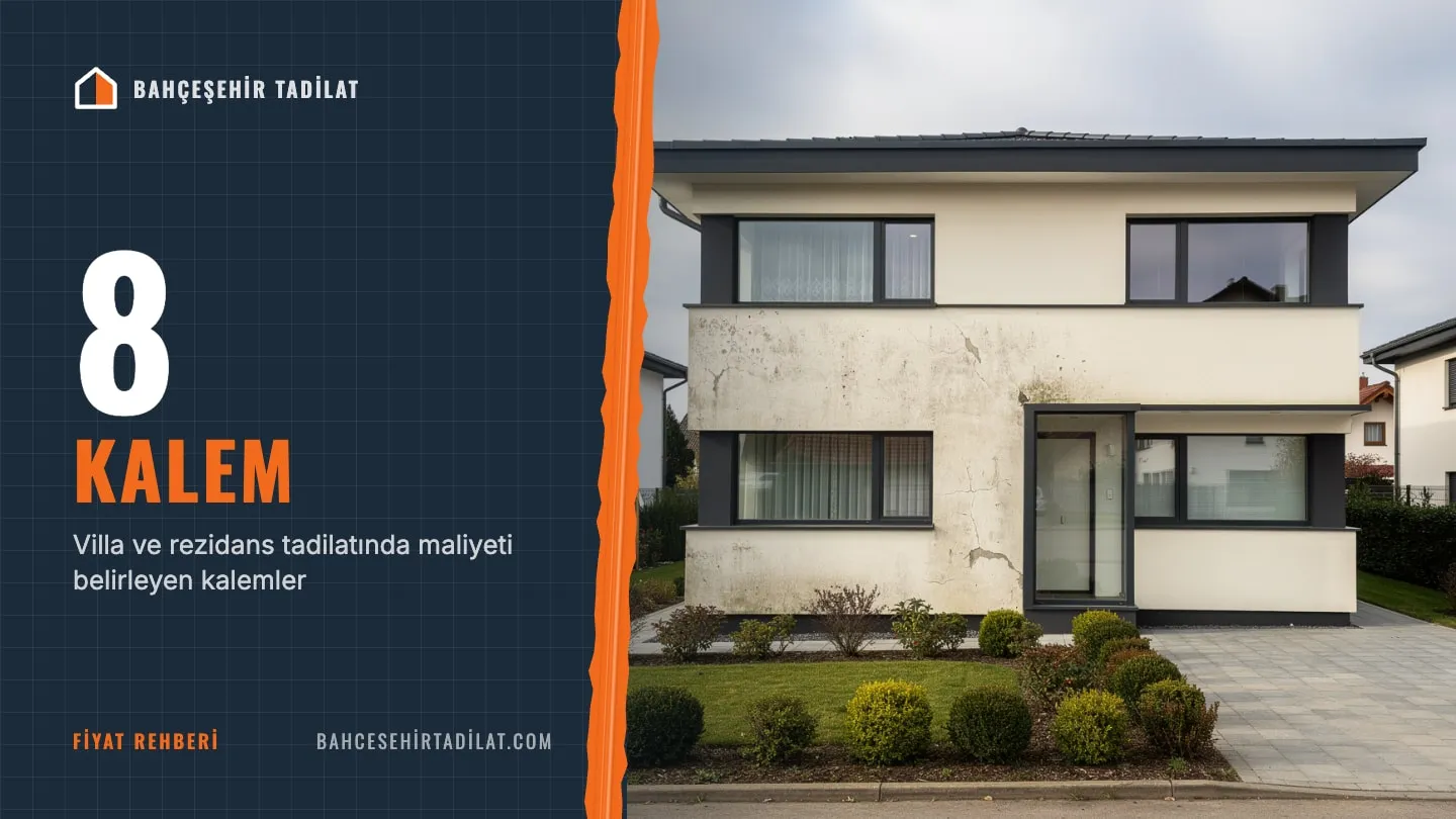Bahçeli, iki katlı bir villanın dış cephesi; çatlak ve lekeli sıvalı bölüm ile yenilenmiş boyalı bölüm yan yana